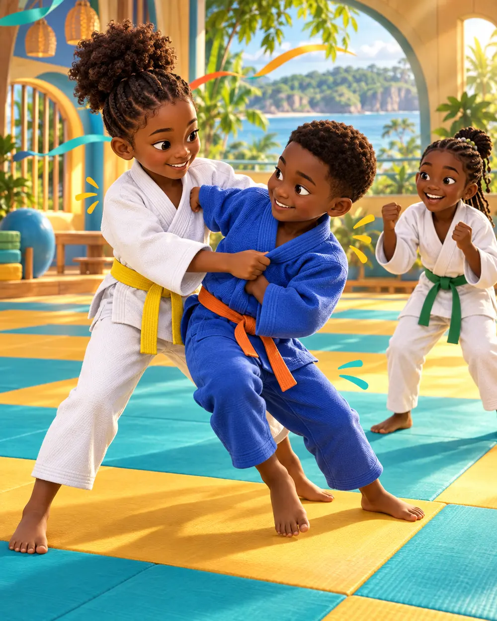 Des enfants explorent un dojo coloré dans l’univers Odyssée Jeunesse