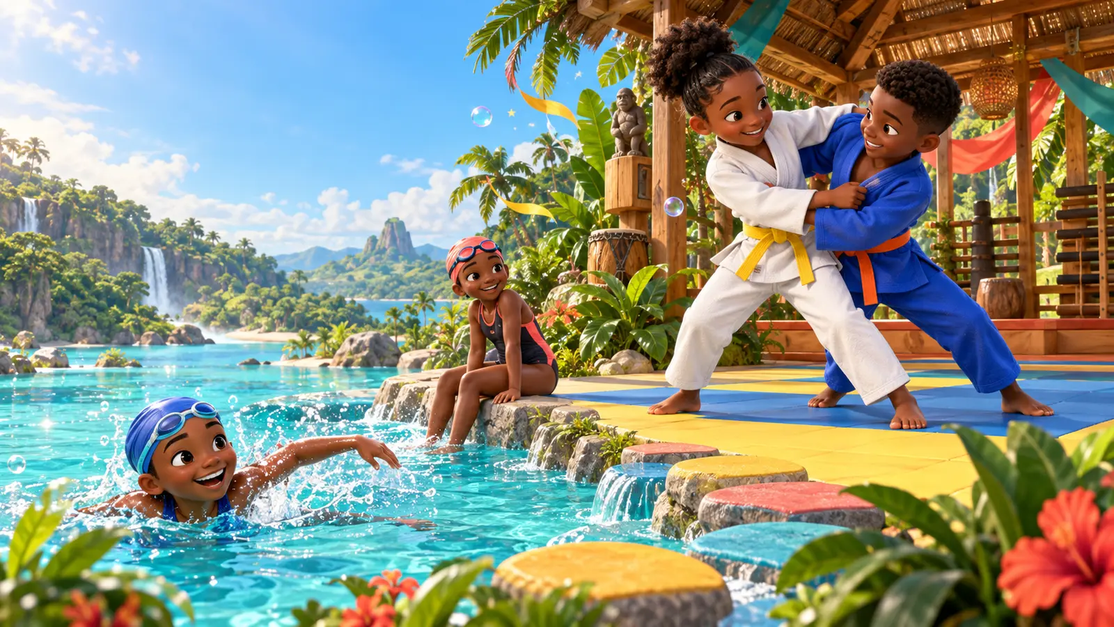 Des enfants explorent un univers imaginaire consacré au judo et à la natation